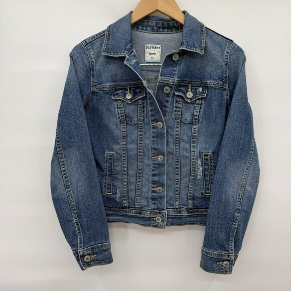 Old Navy Denim Trucker Jacket Size XS Blue Jean Dark Worn Wash Distressed Y2K - Picture 1 of 7